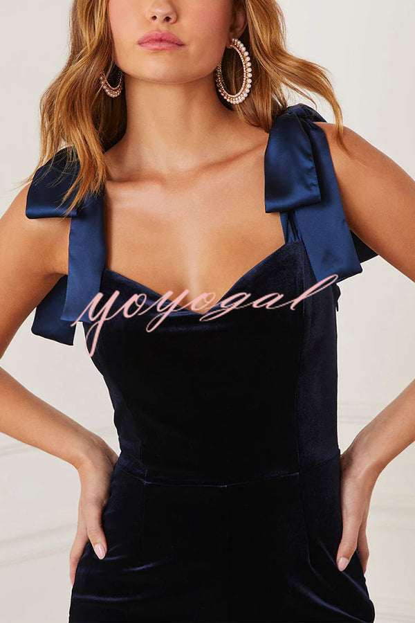 Merlot Sippin' Velvet Shoulder Tie Flare Stretch Jumpsuit