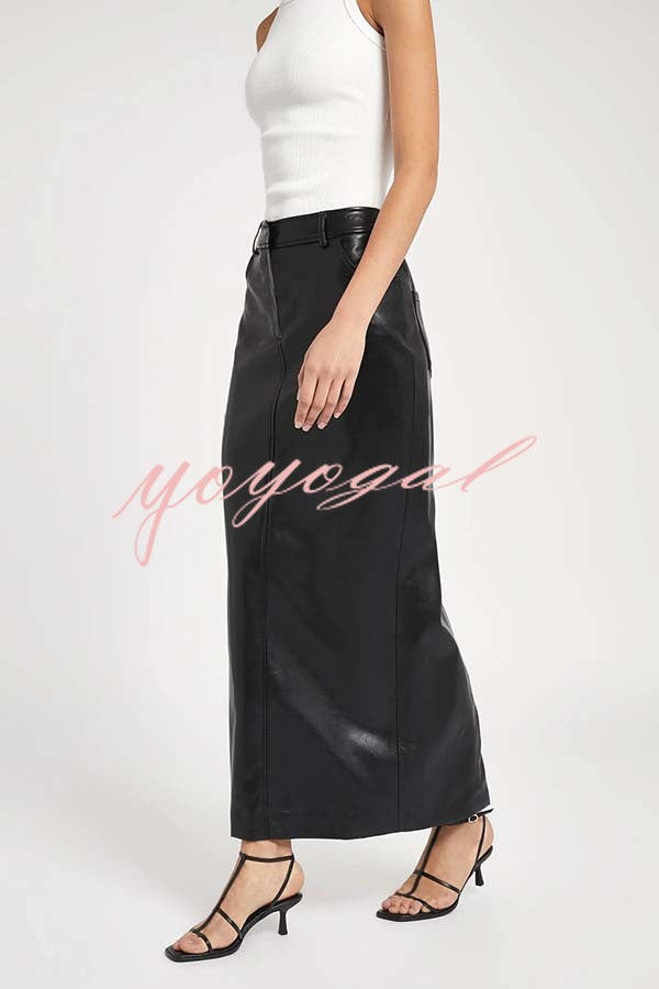 Classic Feel Faux Leather Mid Rise Pocket Slit Stretch Maix Skirt