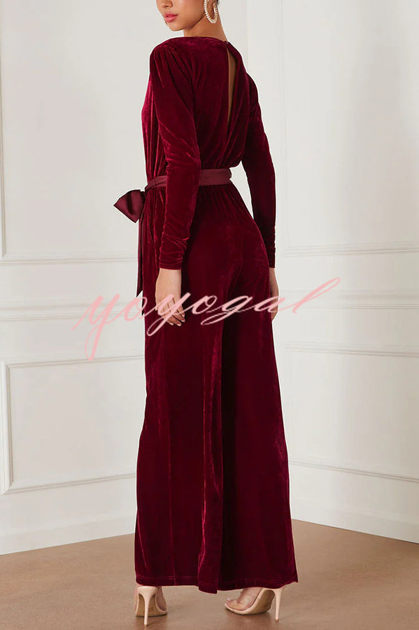 Love One Another Velvet Bow Belted Pocket Cutout Back Loose Jumpsuit