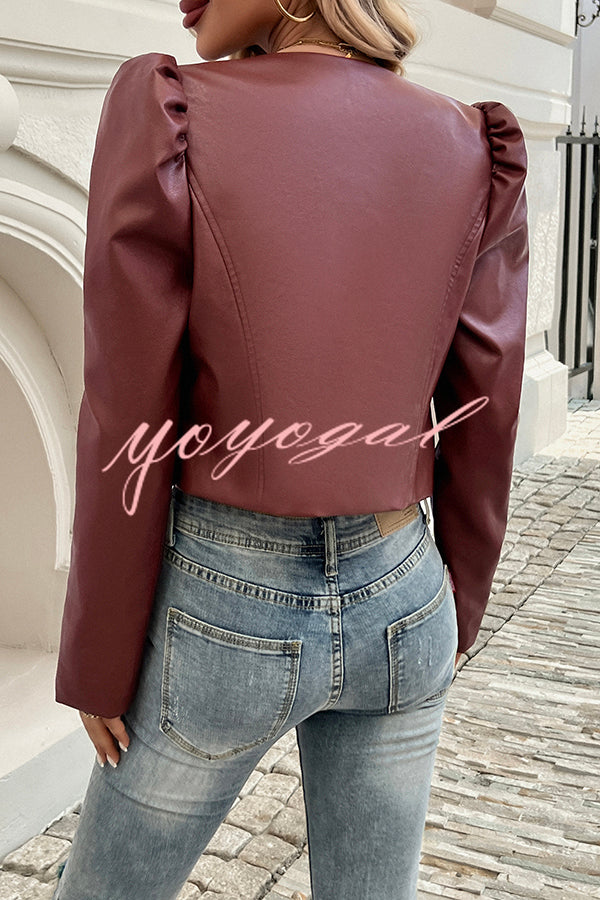 Yelissa Faux Leather Statement Long Sleeve Open Front Crop Jacket