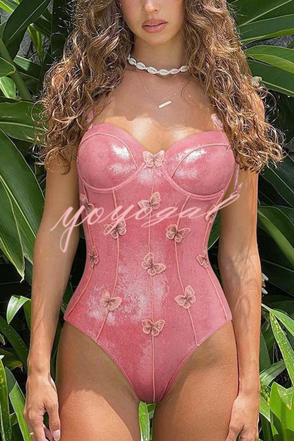 Solid Color Shiny Fabric Sweet Butterfly Decoration Stretch One-piece Swimsuit