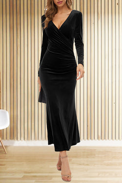 Solid Color Velvet Long Sleeve V-neck Slim Fit Fishtail Maxi Dress