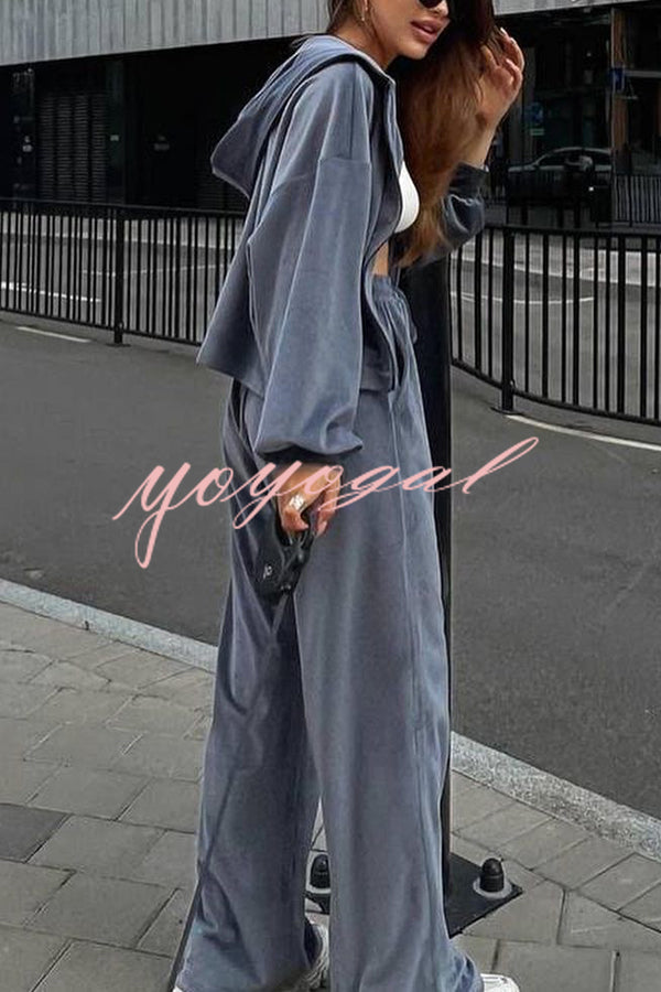 Velvet Casual Zip-up Hooded Top and Elastic Waist Wide Leg Pants Set