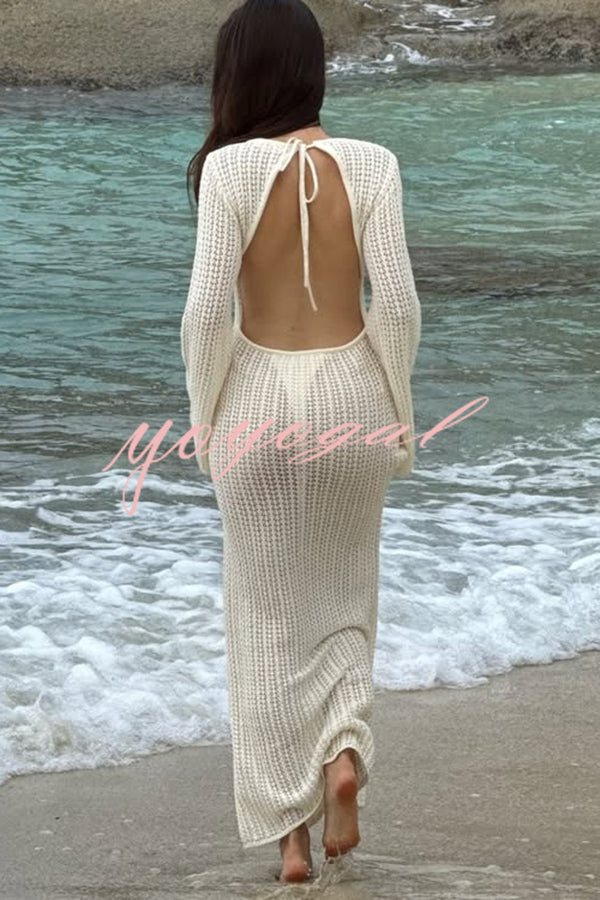 Bahamas Knit Long Bell Sleeve Sexy Backless Holiday Cover-up Maxi Dress