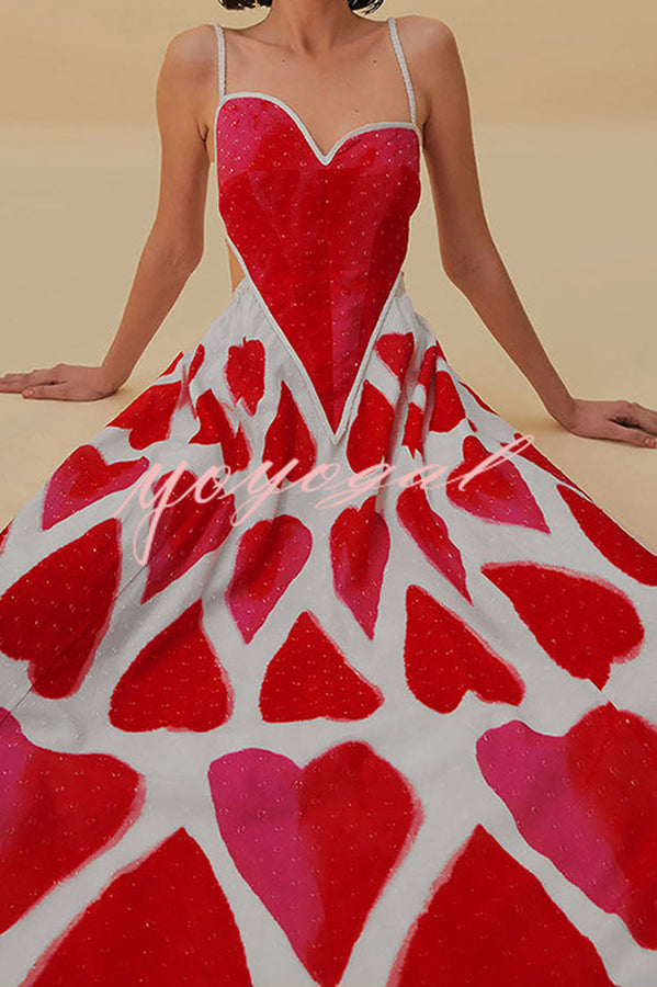 Full of Love Heart Shape Print Cutout Spaghetti Strap Backless Maxi Dress