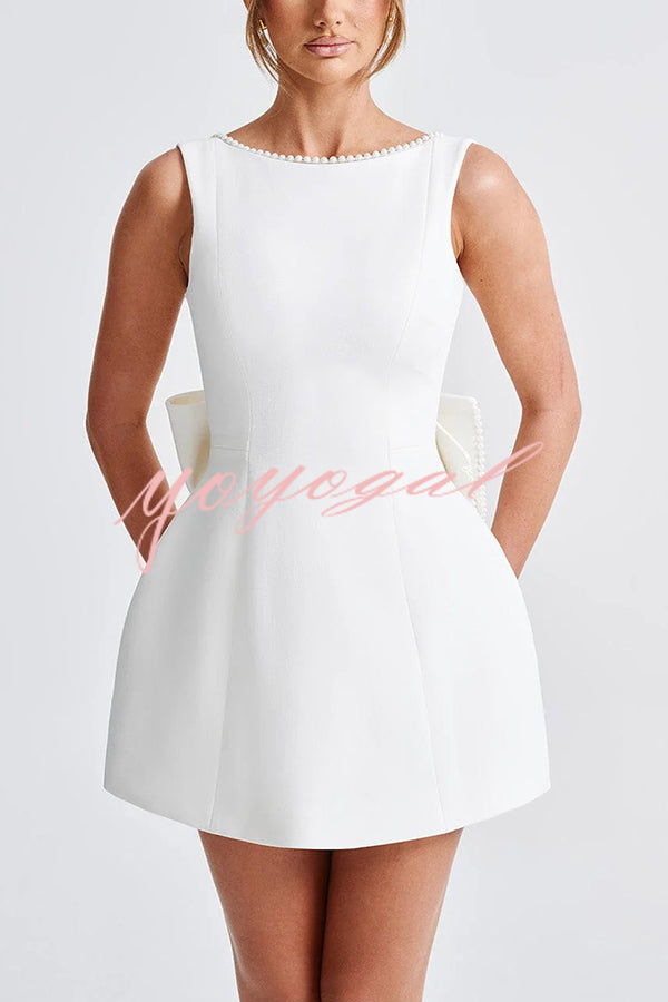 Stylish Pearl-embellished Large Bow Slim-fit Mini Dress