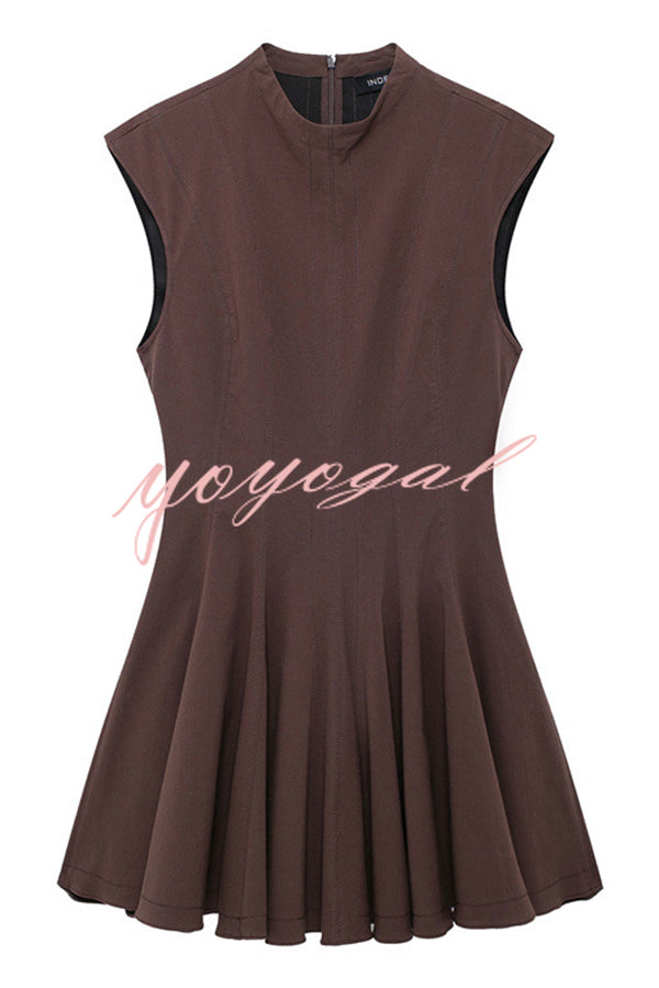 Solid Color Round Neck Sleeveless Waist Mini Dress