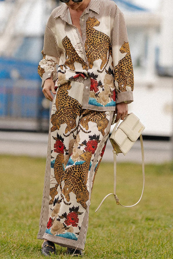 Exotic Leopard Flower Patchwork Print Button Down Oversized Blouse