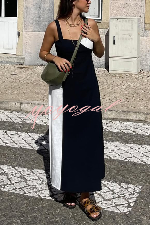 Simple and Stylish Contrast Color Sling Back Smocked Maxi Dress