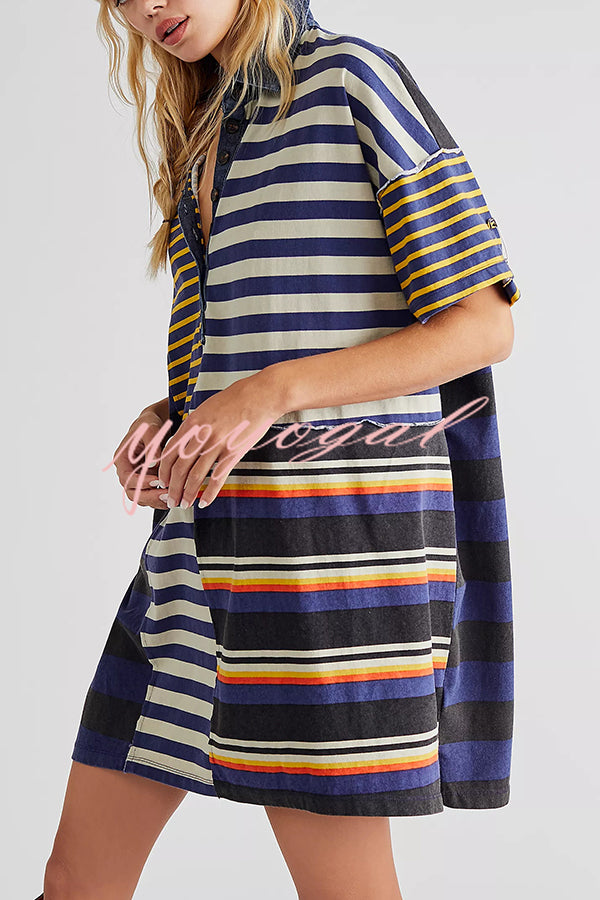 Contrast Striped Patchwork Denim Lapel Loose Casual Mini Dress