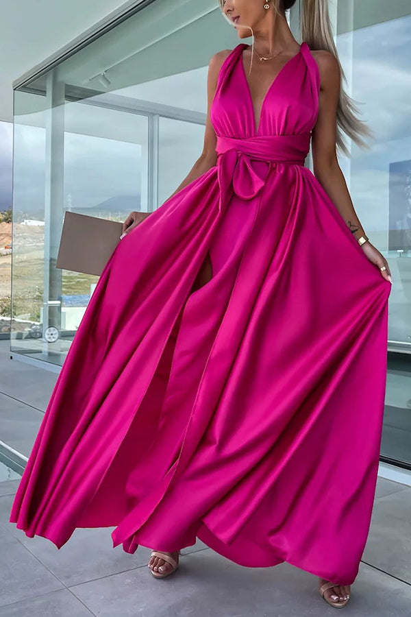 Different Elegant Effects Satin Free Tie Neck Slit Maxi Dress