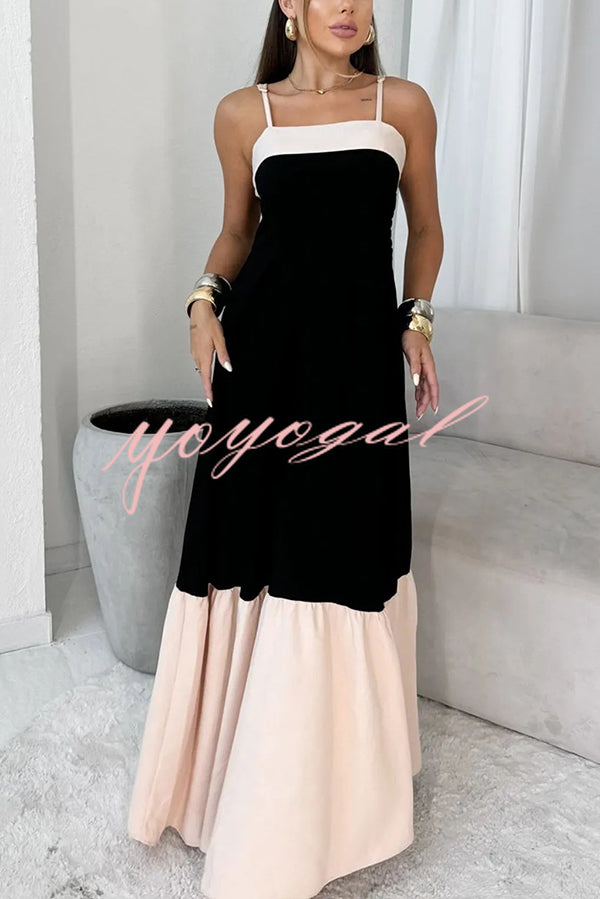 Fashionable Contrast Color Stitching Sling Maxi Dress