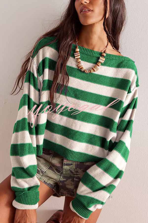 Striped Print Crew Neck Long Sleeve Loose Knitted Sweater