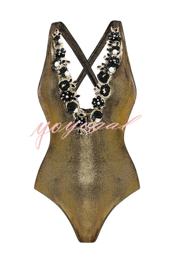 Solid Color Shiny Fabric Deep V Metal Embellished Stretch One-piece Swimsuit