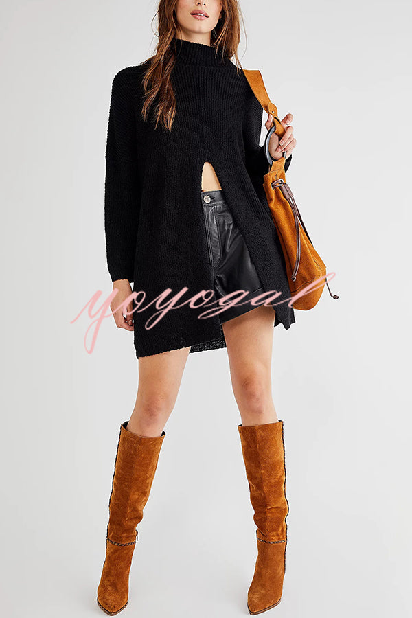 Solid Color Long Sleeve Slit Knitted Sweater