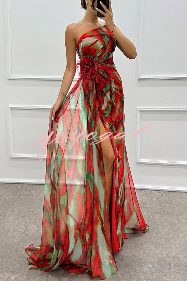 Amazing Views Watercolor Print Feather Rose Detail Off Shoulder Pleated Slit Maxi Dress