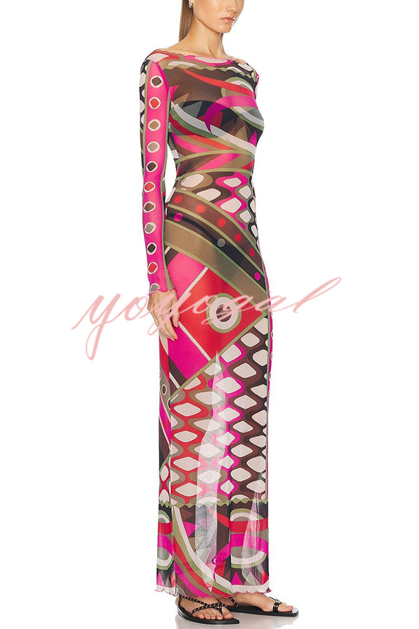 Gypsy Girl Mesh Unique Print Wide Neck Long Sleeve Stretch Maxi Dress