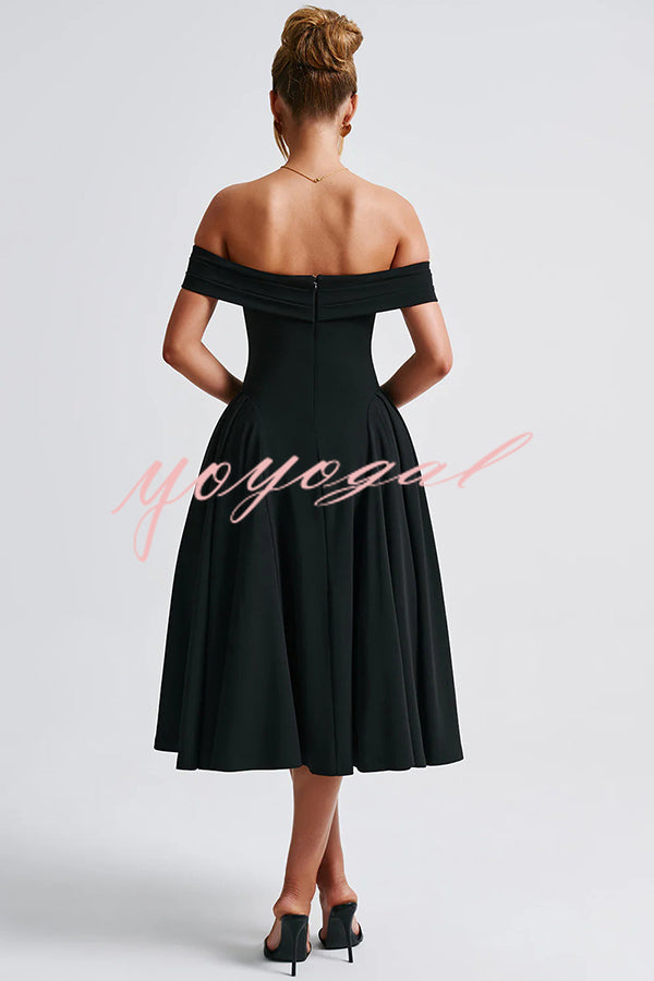 Princess Temperament Batdot Neck Pleat Detail Midi Dress