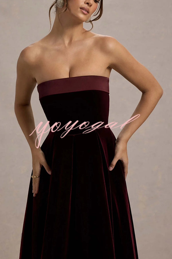 Center of Attention Velvet Satin Neck Bandeau Pleated Midi Dress