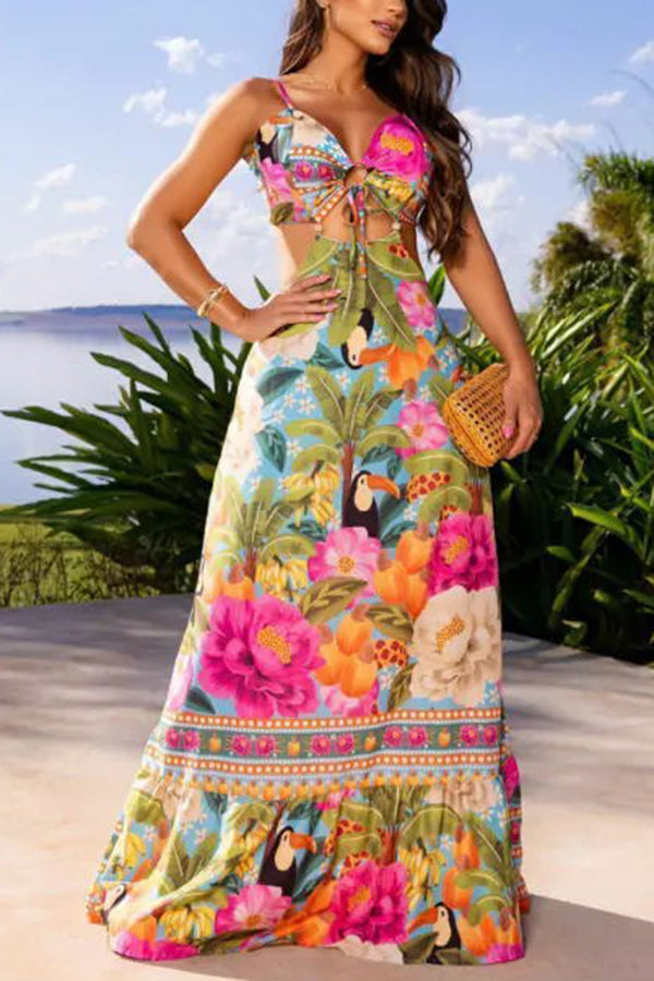 Mexico Style Tropical Print Ring Cutout Lace-up Vacation Maxi Dress