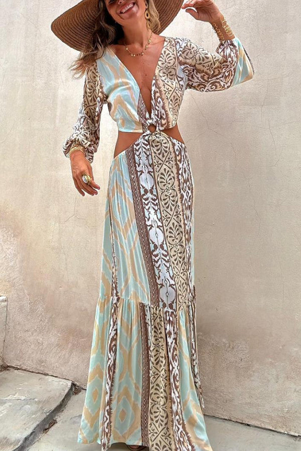 Sefora Unique Color Block Print Long Sleeve Ring Cutout Back Tie-up Maxi Dress