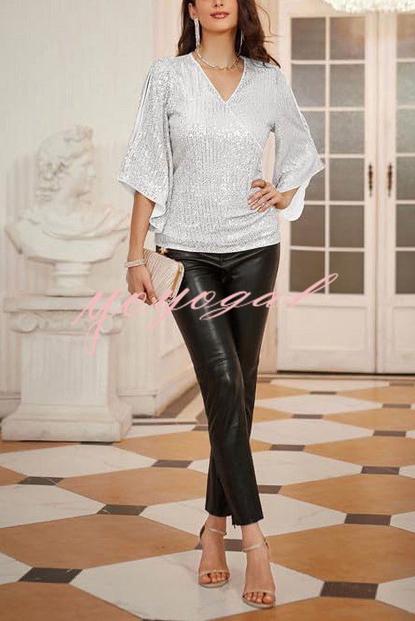 Solid Color Sequined V-neck Hollow Sleeve Slim Fit Top