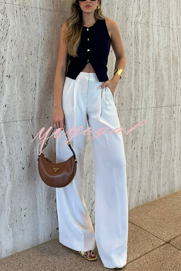 Solid Color Waist Pocket Loose Wide Leg Pants