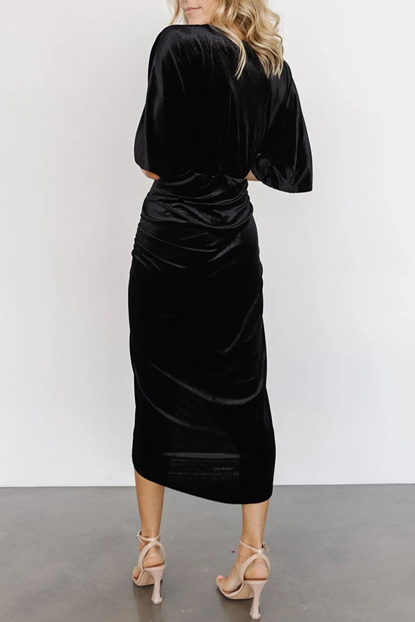 Brendy V Neck Half Sleeve Velvet Pleated Midi Dress