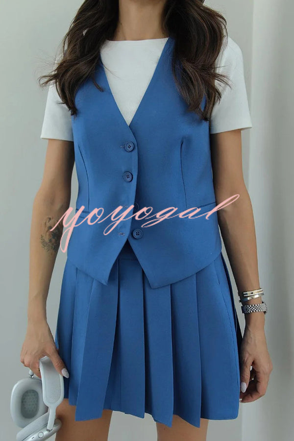 Solid Color Sleeveless Buttoned Vest and High-waisted Pleated Mini Skirt Set