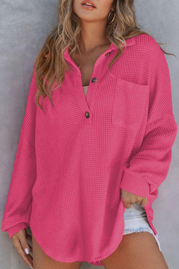 Solid Color Waffle Loose Casual Knitted Pocket Top