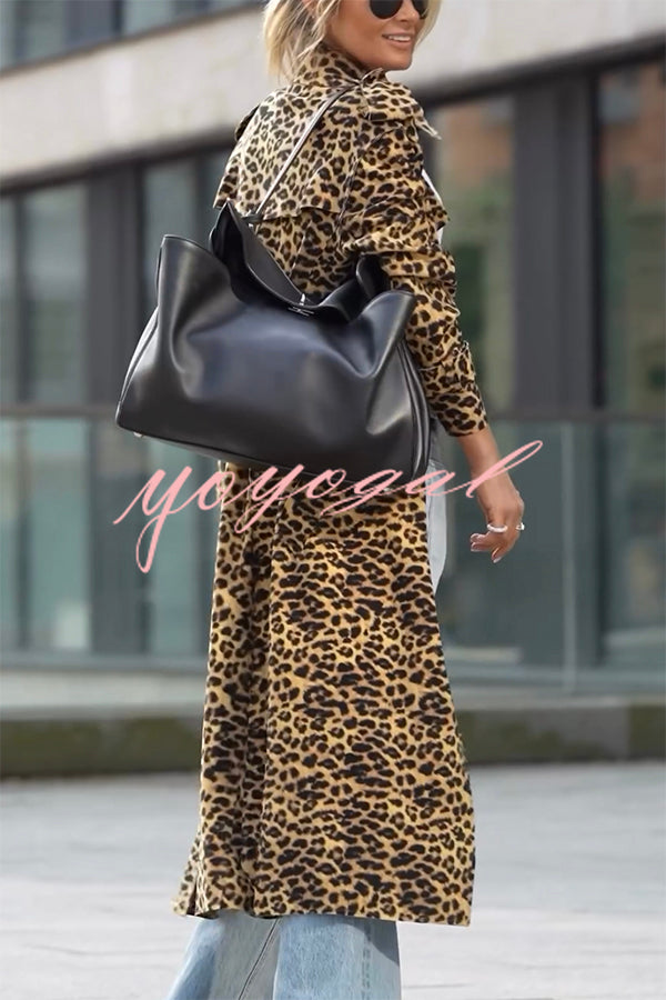 Be Free Velvet Leopard Print Long Sleeve Loose Midi Trench Coat