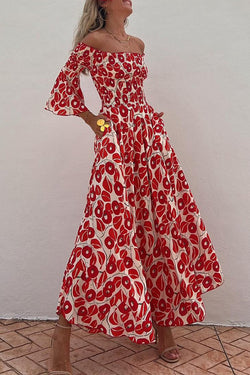 Close To The Vacation Floral Print Smocked Off Shoulder Pocketed Maxi Dress