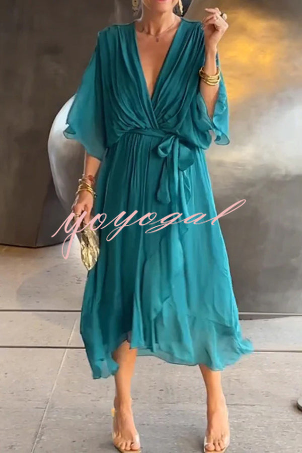 Solid Color V-neck Bat Sleeve Lace-up Irregular Hem Midi Dress