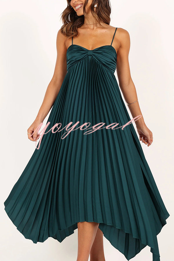 Solid Color Sexy Suspender Pleated Irregular Midi Dress