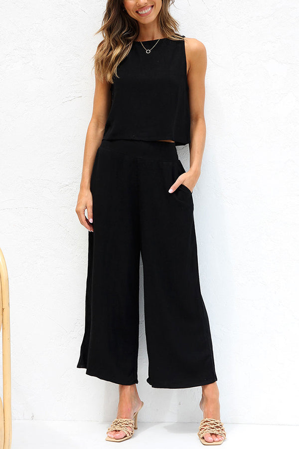 Khiara Basic Button Crop Top and Pocketed Pants Set