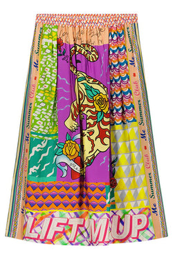 Boho Chic Satin Colorful Unique Print Elastic Waist Pocket Vacation Midi Skirt