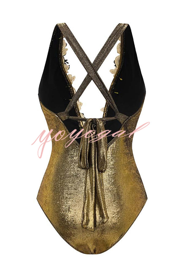 Solid Color Shiny Fabric Deep V Metal Embellished Stretch One-piece Swimsuit