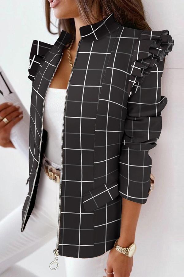 Melrose Plaid Print Ruffles Sleeve Zipper Up Coat