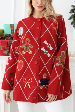 Argyle Candy Gingerbread Man Embroidered Button-knit Cardigan