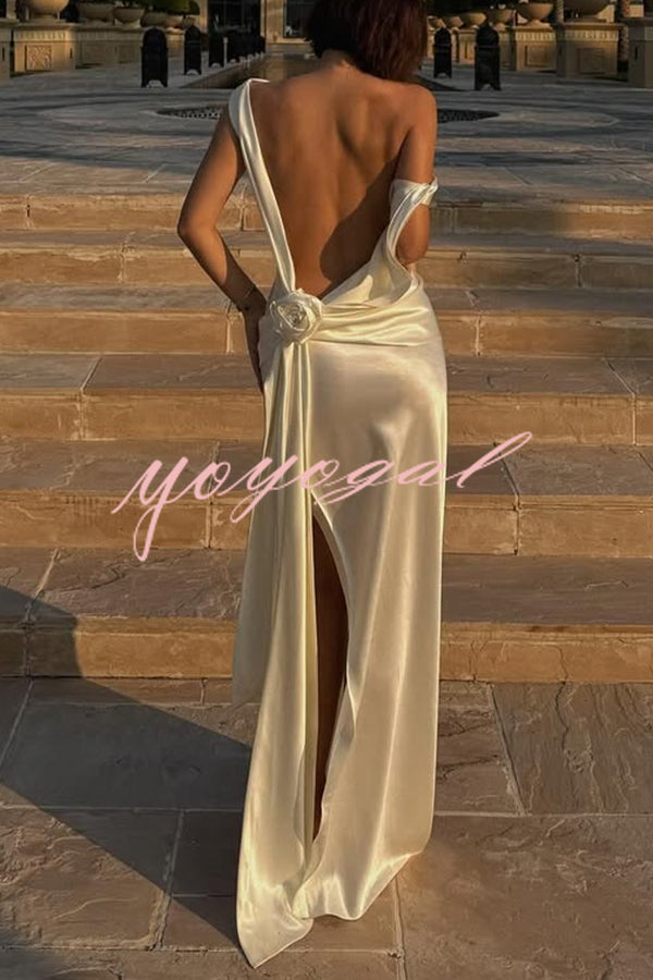 Darling Satin Cowl Neck 3D Rose Detail Backless Slit Drape Maxi Dress