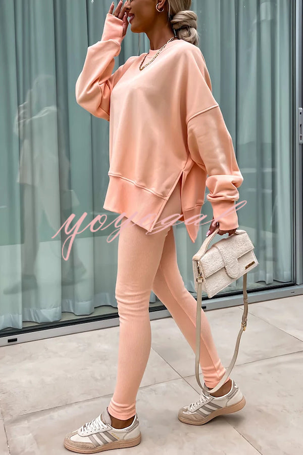 Solid Color Loose Long Sleeve SlitSweatshirt and Elastic Waist Tight Pants Set