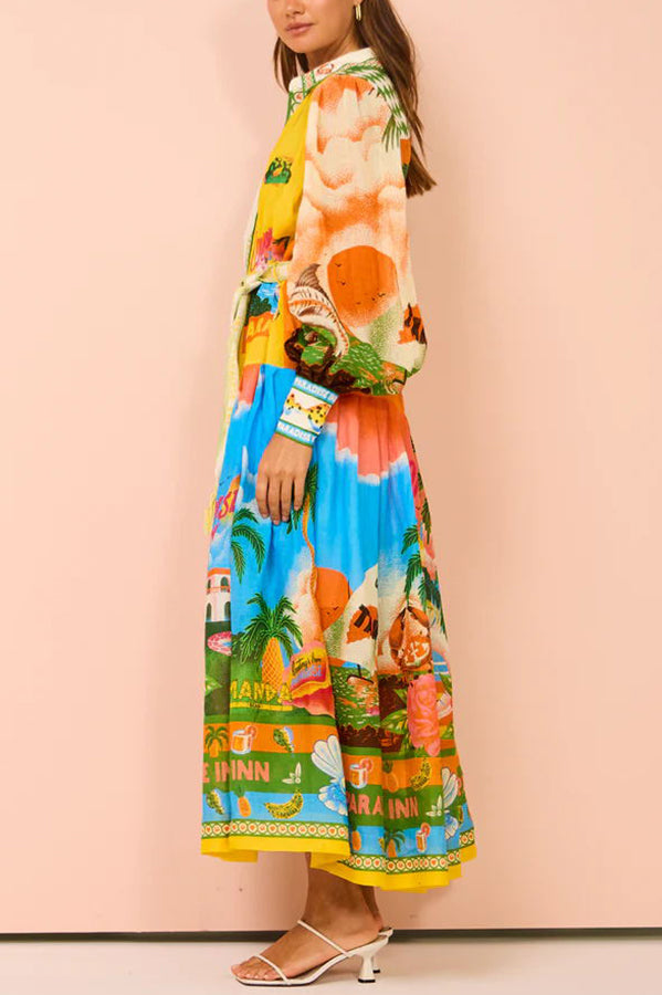 A World of Colour Unique Print Balloon Sleeve Belt Shirt Midi Dress