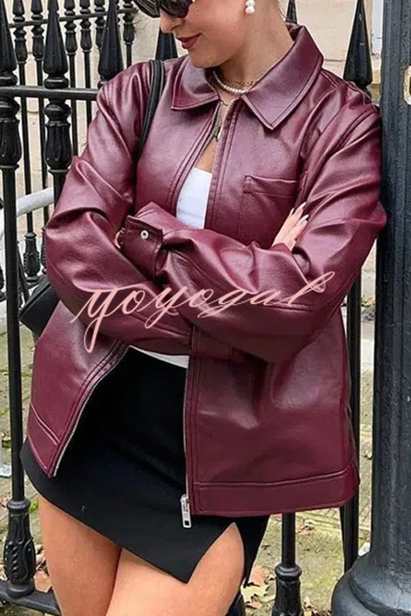 Y2K Burgundy Faux Leather Pocketed Zipper Loose Jacket