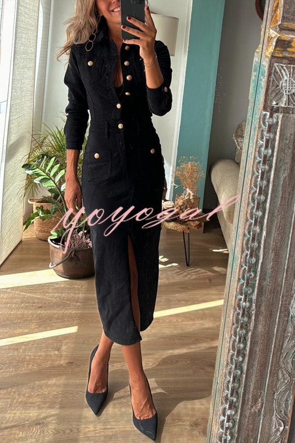 Tessy Denim Metal Button Zipper Shirt Stretch Pencil Slit Midi Dress