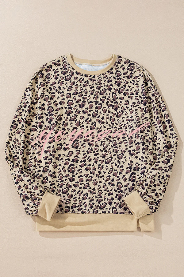 Leopard Print Crew Neck Patchwork Long sleeve Casual Loose Sweatshirt