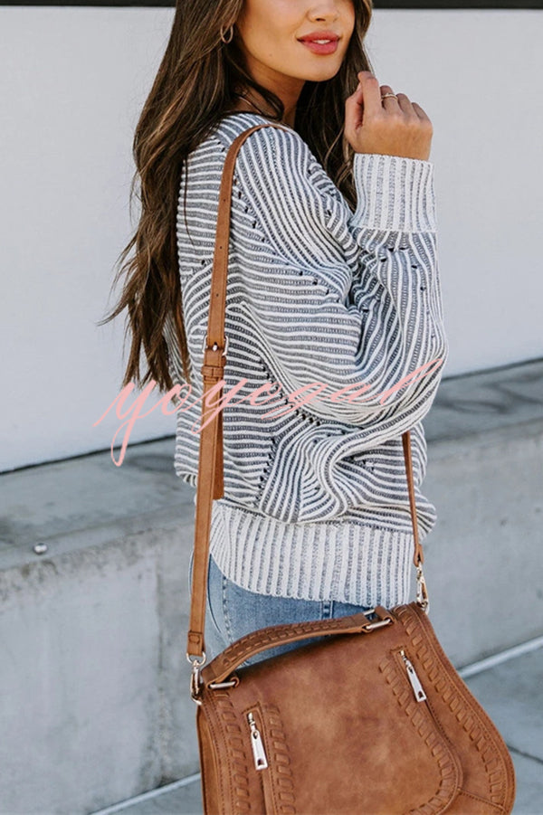 Knitted Striped Round Neck Dolman Sleeve Casual Loose Sweater