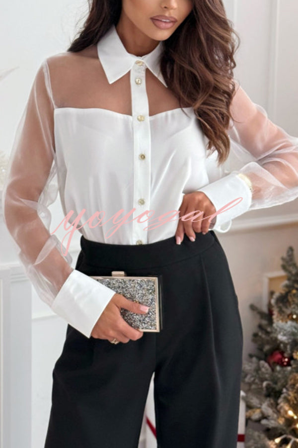 Solid Color Mesh Stitching Lapel Long Sleeve Elegant Shirt