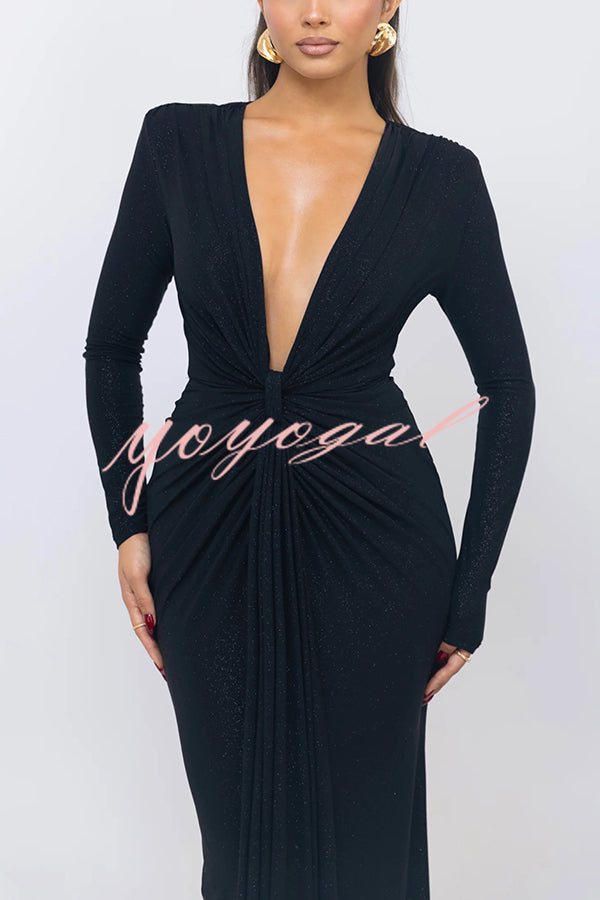 Solid Color Shiny Sexy V-neck Long Sleeve Ribbon Slit Slim Fit Maxi Dress