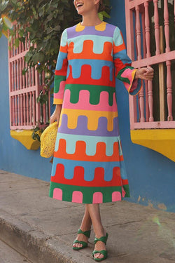 Bright Day Colorful Ripple Print Side Slit Midi Dress