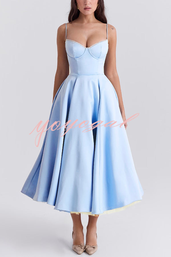 Fairytale Vibe Satin Patchwork Tulle Sweetheart Neck Pocket Stretch Midi Dress